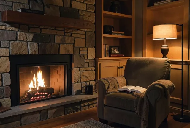 Cozy reading corner with stone fireplace, armchair, blanket, open book, and warm floor lamp light