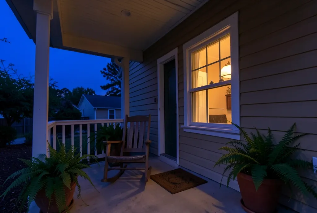Cozy front porch at dusk with rocking chair, potted ferns, warm window light, and deep blue sky