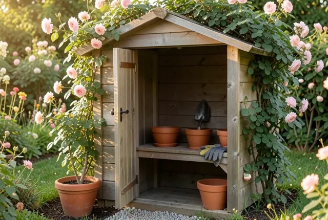 Cozy wooden garden potting shed with open door, terracotta pots, tools, and climbing roses in warm light