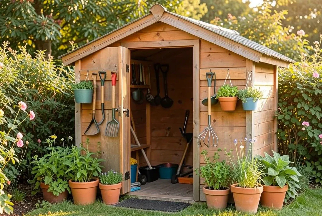 Cozy wooden garden shed with open door, hanging tools, potted herbs, and warm afternoon light