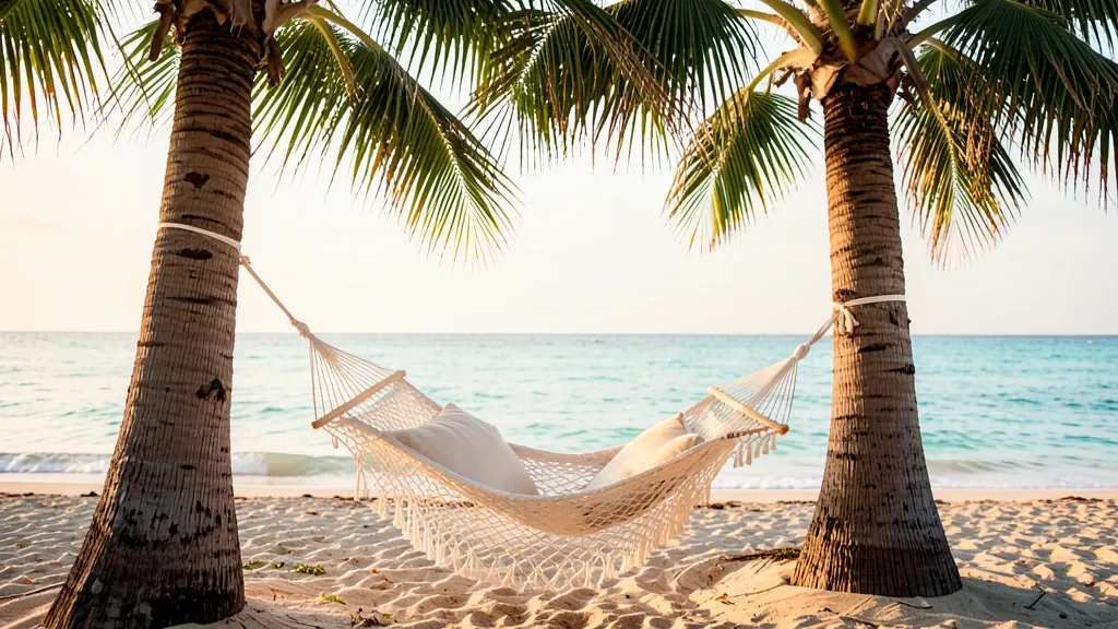 White woven hammock between palm trees on a quiet beach with turquoise ocean and golden afternoon light