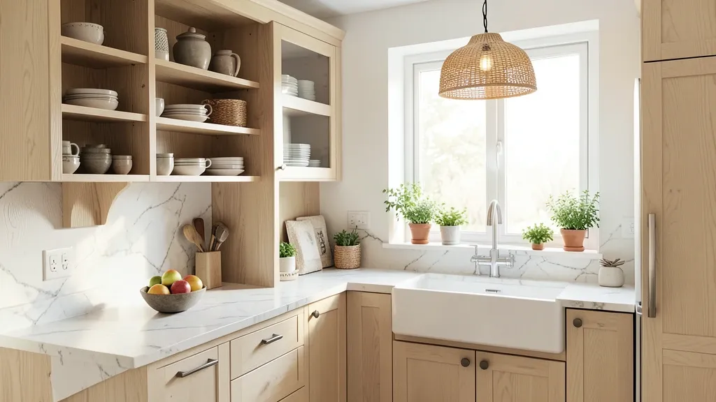 Cozy modern kitchen interior with warm wood cabinets and soft morning light