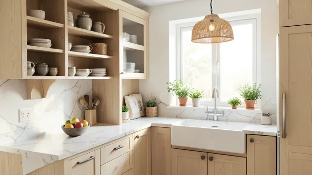 Cozy modern kitchen interior with warm wood cabinets and soft morning light