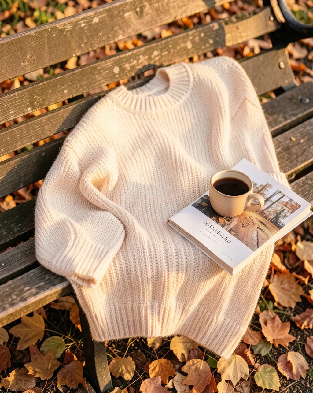 Cozy oversized knit sweater draped on a wooden bench with autumn leaves and coffee