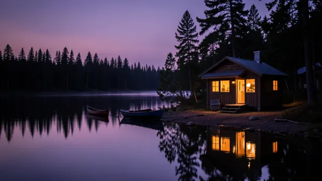 Cozy lakeside cabin with glowing windows at dusk, canoe on shore, pines against purple sky, and calm reflections