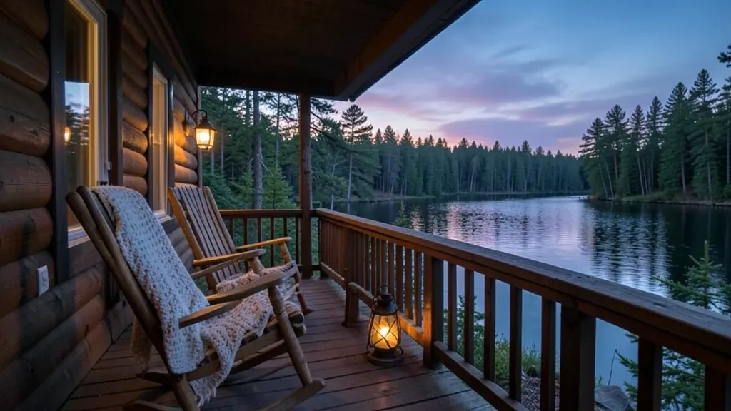 Cozy wooden porch with rocking chairs, blanket, and lantern overlooking calm lake and pine forest at dusk