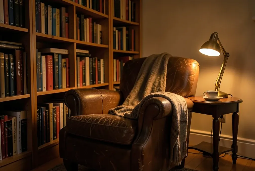 Worn leather armchair beside a bookshelf with folded blanket, side table, lamp, and tea cup in warm light