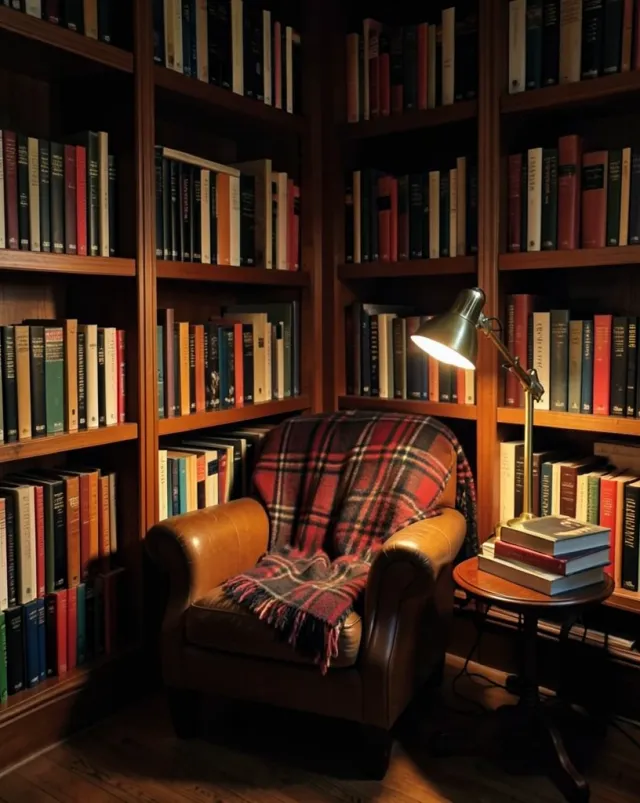 Cozy library corner with tall bookshelves, leather armchair, tartan blanket, and brass reading lamp
