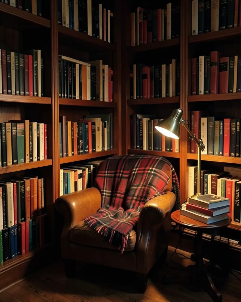 Cozy library corner with tall bookshelves, leather armchair, tartan blanket, and brass reading lamp