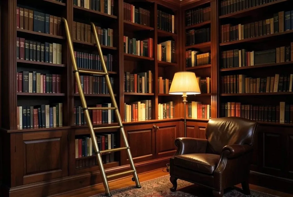 Cozy library with tall dark wood bookshelves, brass rolling ladder, leather armchair, and warm light