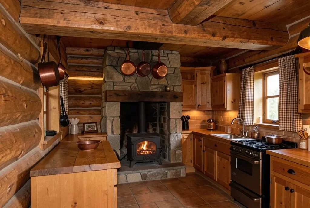 Cozy log cabin kitchen with stone fireplace, wooden beams, copper pots, cast iron stove, and warm firelight