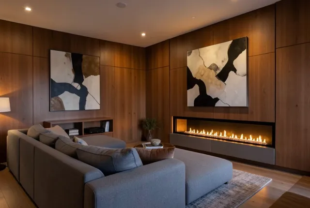 Cozy modern living room with sectional sofa facing a linear fireplace and wood paneling
