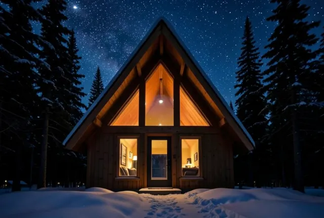 Cozy wooden A-frame cabin glowing warmly under a starry sky with pine trees and snow on the ground