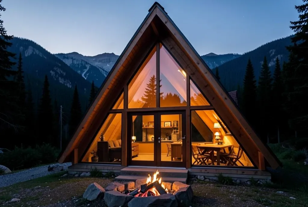 Cozy A-frame cabin with glowing glass front at dusk, forest and mountain backdrop, and fire pit