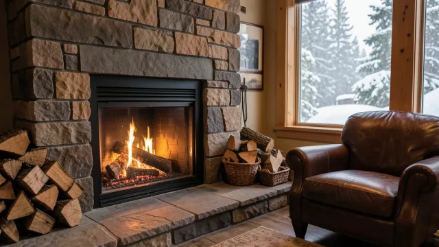 Stone cabin fireplace with crackling logs, stacked firewood, leather armchair, and snow visible through window