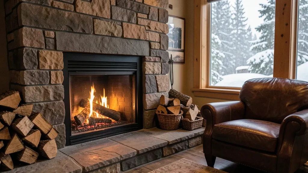 Stone cabin fireplace with crackling logs, stacked firewood, leather armchair, and snow visible through window