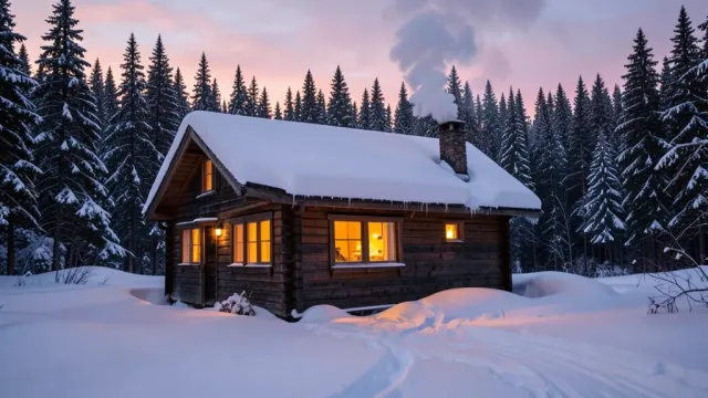 Cozy wooden mountain cabin with glowing windows surrounded by fresh snow and pine forest at twilight