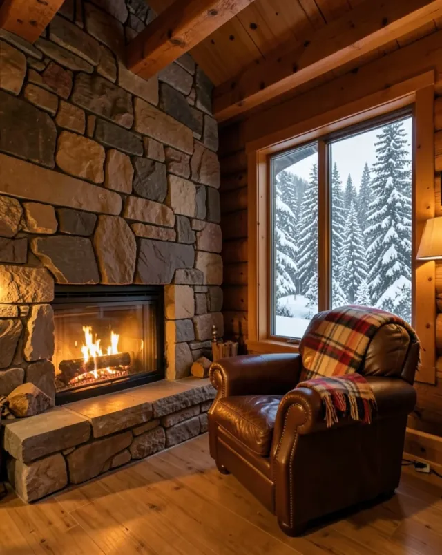 Cozy mountain cabin interior with stone fireplace, leather armchair, and snowy pines outside