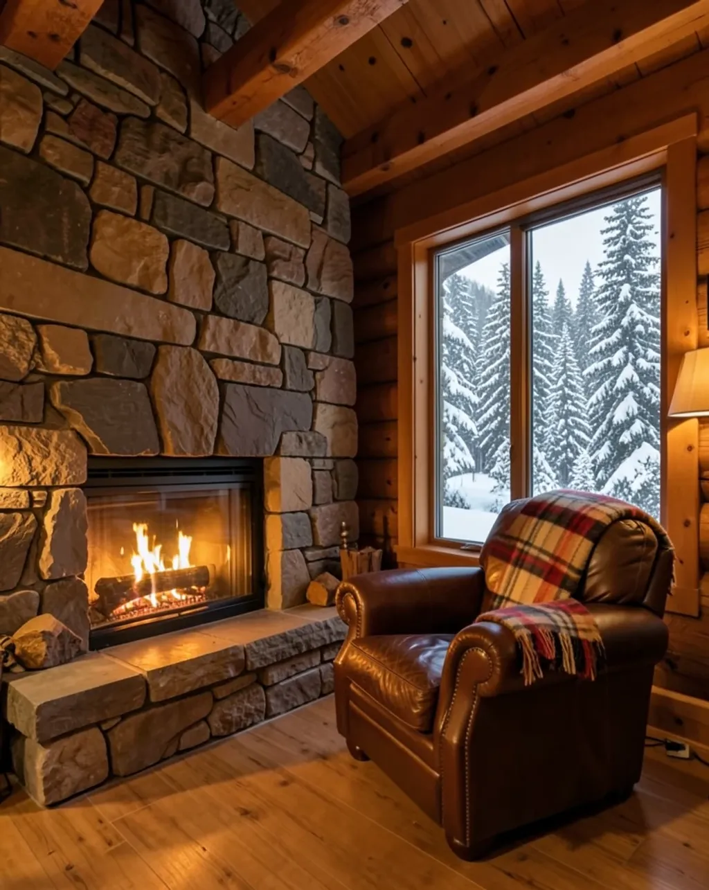 Cozy mountain cabin interior with stone fireplace, leather armchair, and snowy pines outside