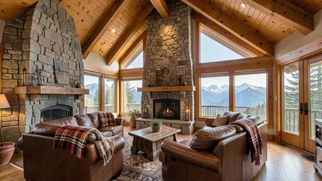 Cozy mountain lodge great room with exposed beams, stone fireplace, leather sofas, and mountain view