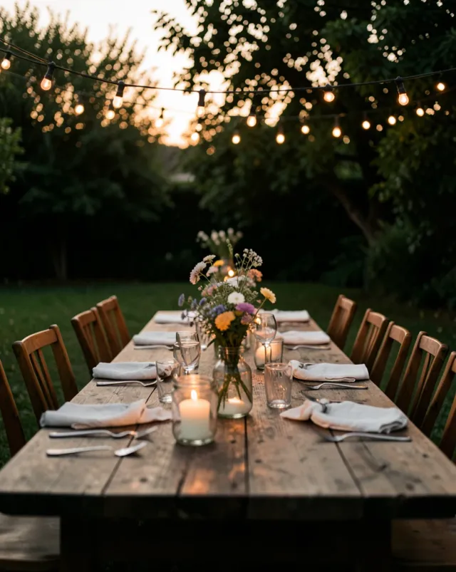 Cozy outdoor dinner table with candles, wildflowers, and string lights in a leafy backyard at dusk
