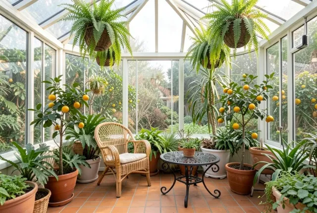 Bright glass-walled conservatory with terracotta tiles, hanging ferns, citrus trees, wicker armchair, and morning light