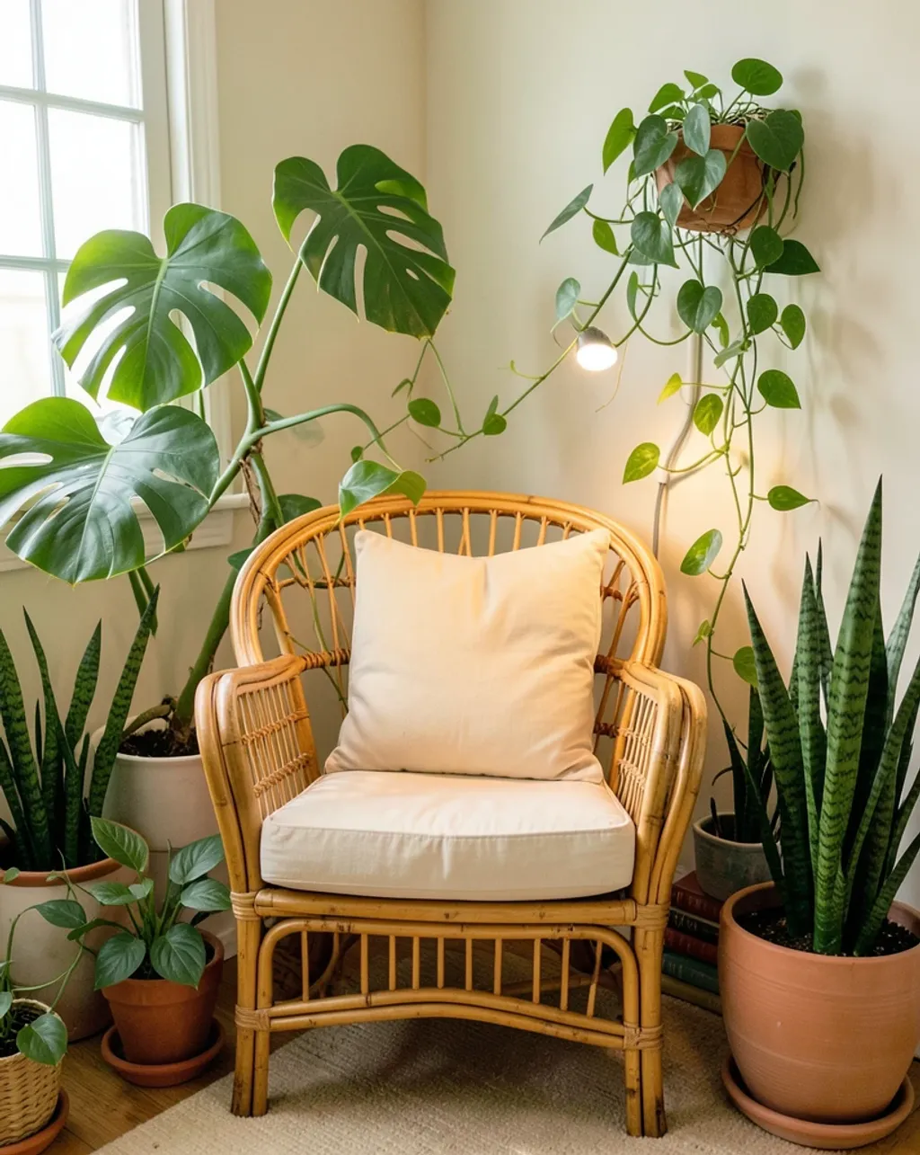 Cozy rattan reading chair surrounded by monsteras, pothos, and snake plants with a stack of books