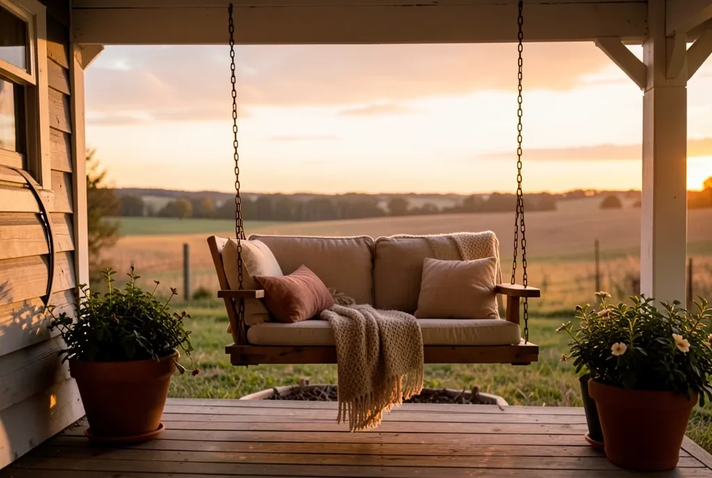 Cozy wooden porch swing with cushions and throw on a farmhouse porch at sunset with distant fields