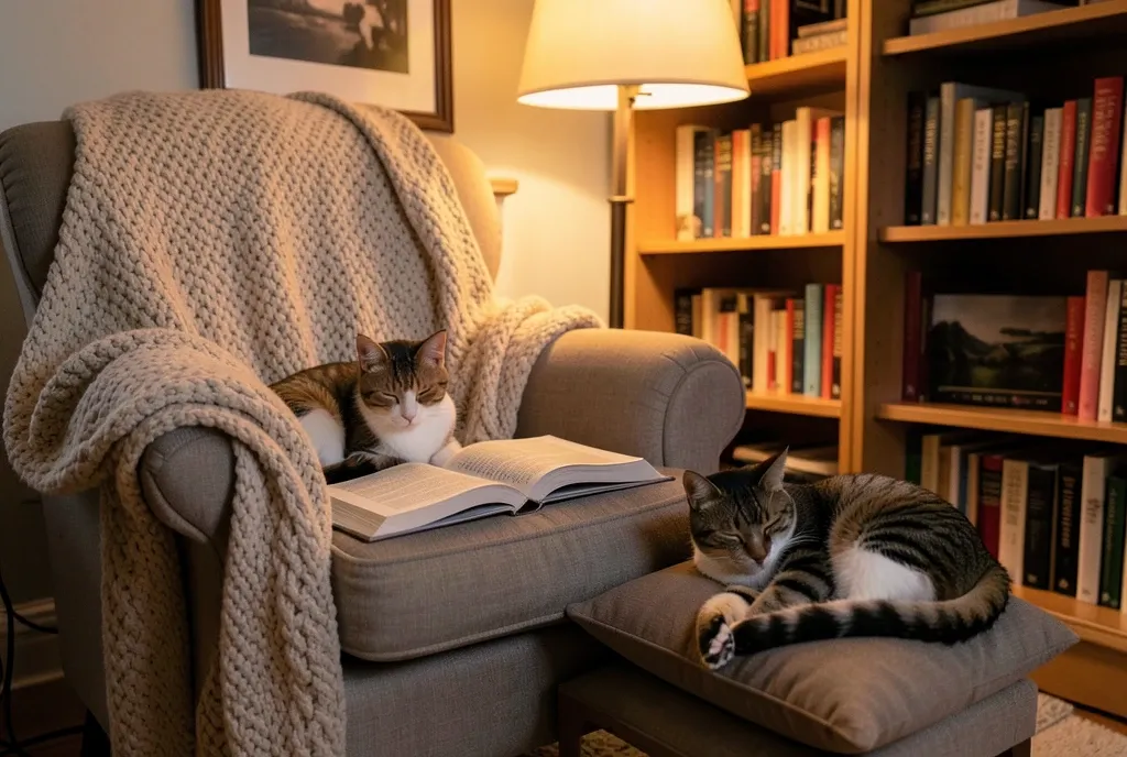Cozy armchair with knitted throw and open book, sleeping tabby cat on a cushion, warm lamp, and bookshelf