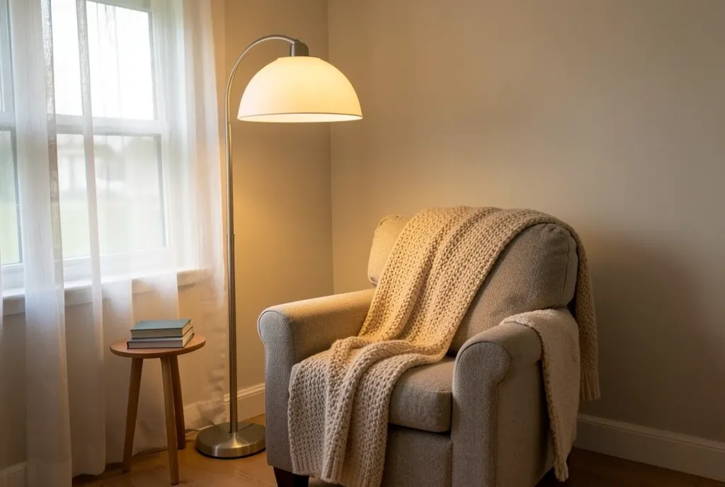 Cozy reading corner with armchair, knitted throw, arched floor lamp, stack of books, and sheer curtains