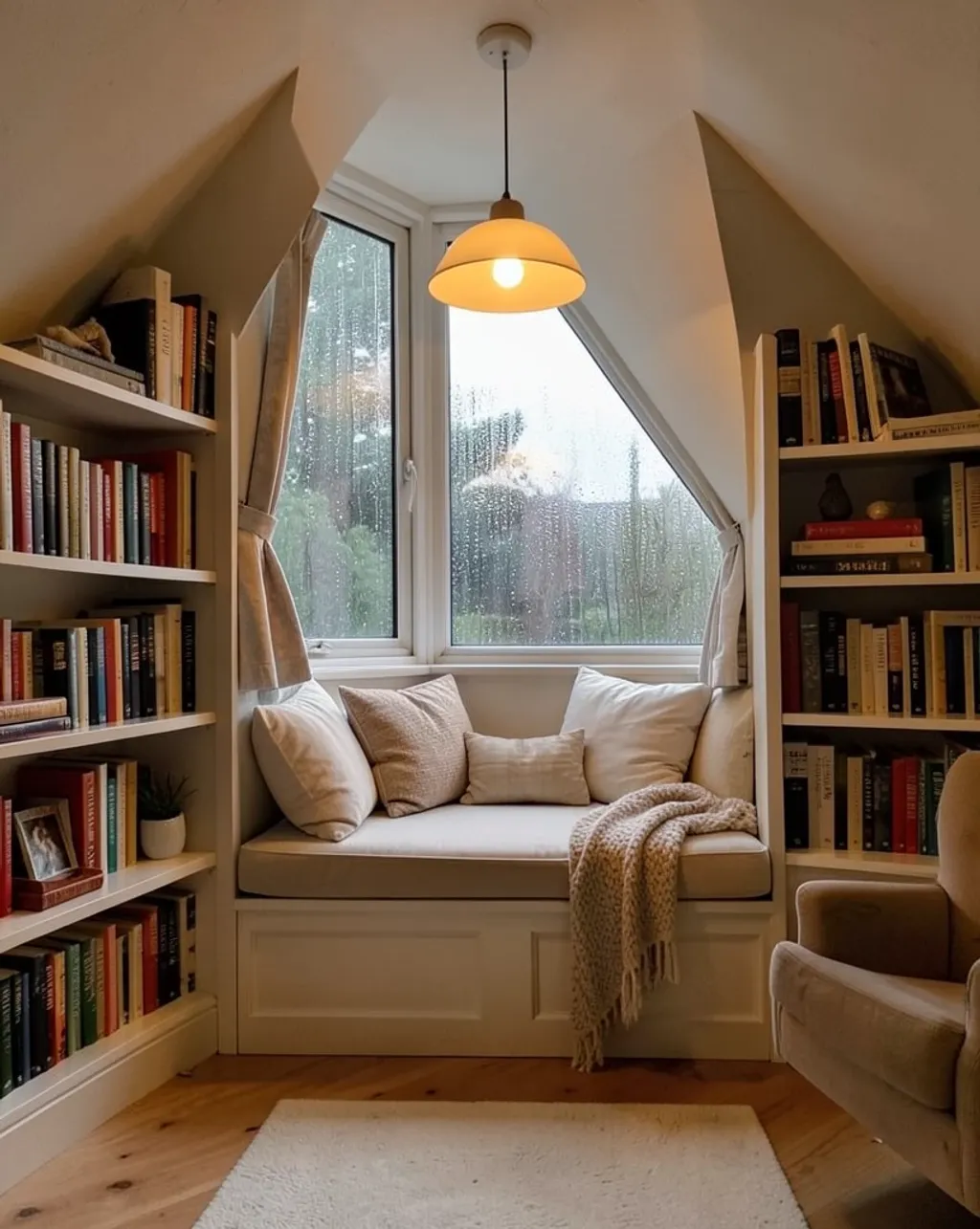 Cozy reading loft with built-in bookshelves, deep window seat, cushions, blanket, and rainy window