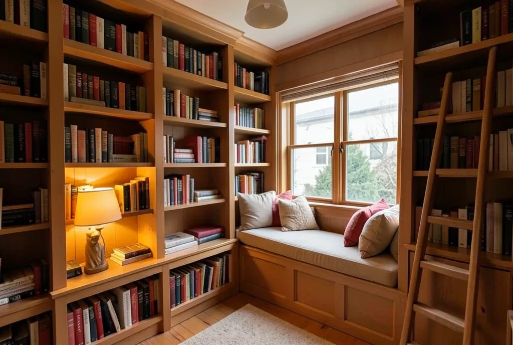 Cozy reading loft with built-in bookshelves, deep window seat, cushions, warm lamp, and ladder