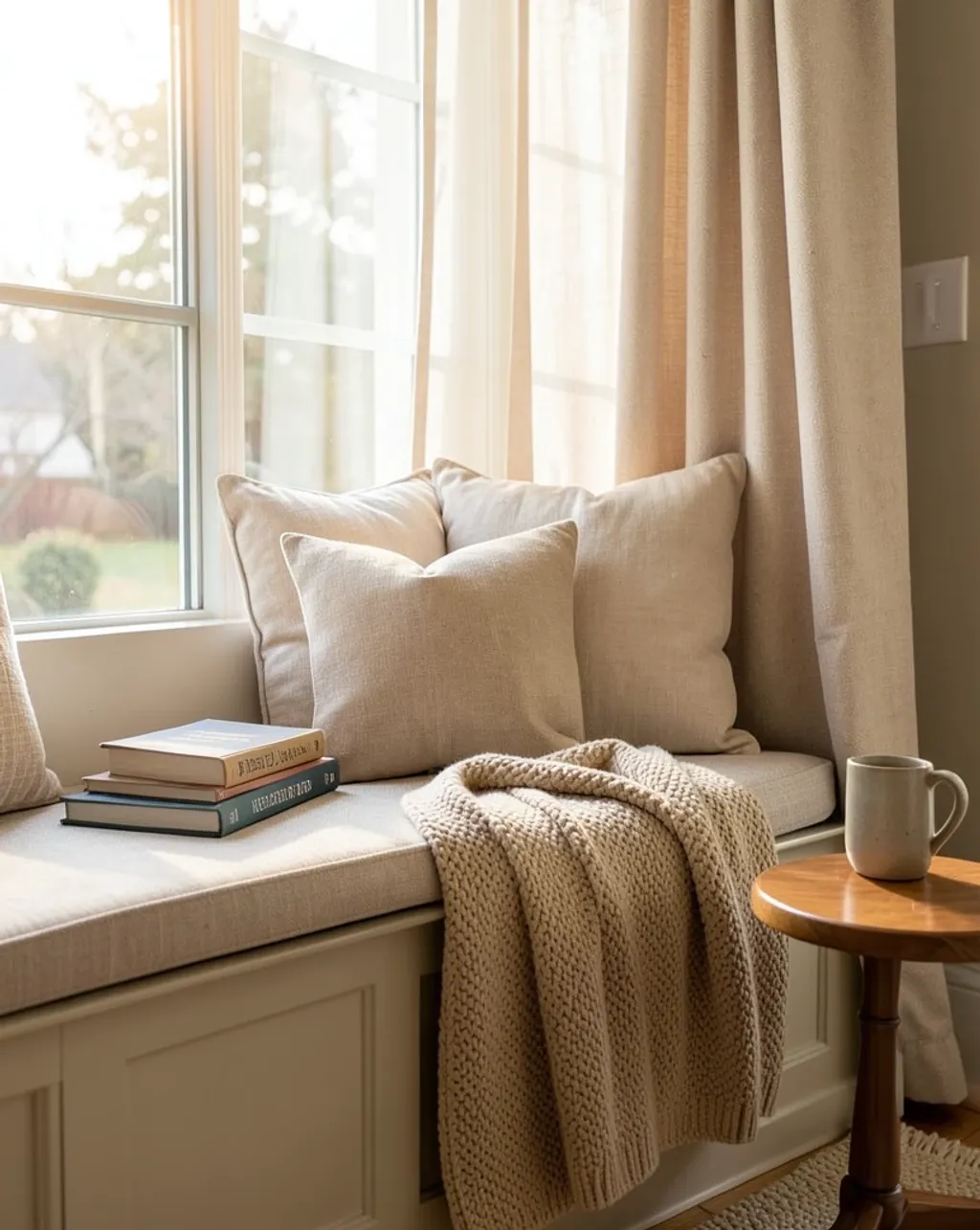 Cozy window seat reading nook with stacked books and soft afternoon light