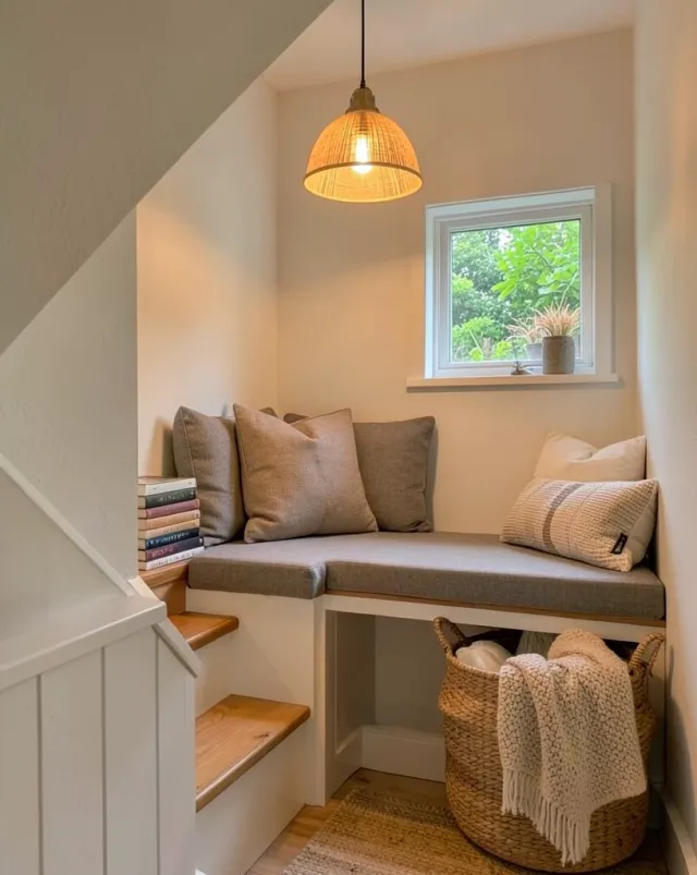 Cozy built-in reading nook under stairs with cushions, books, pendant light, and garden window