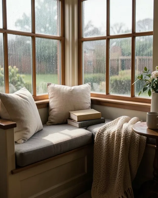 Cozy built-in window seat with cushions, stacked books, a knitted throw, and rainy afternoon light