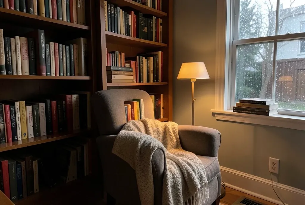 Cozy reading nook with deep armchair, throw blanket, tall bookshelf, warm lamp, and rainy window