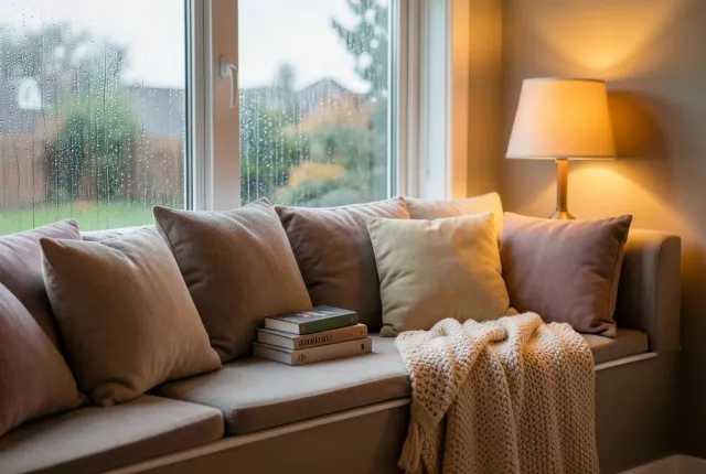 Cozy built-in window seat with cushions, books, warm lamp, and knitted throw against a rainy window