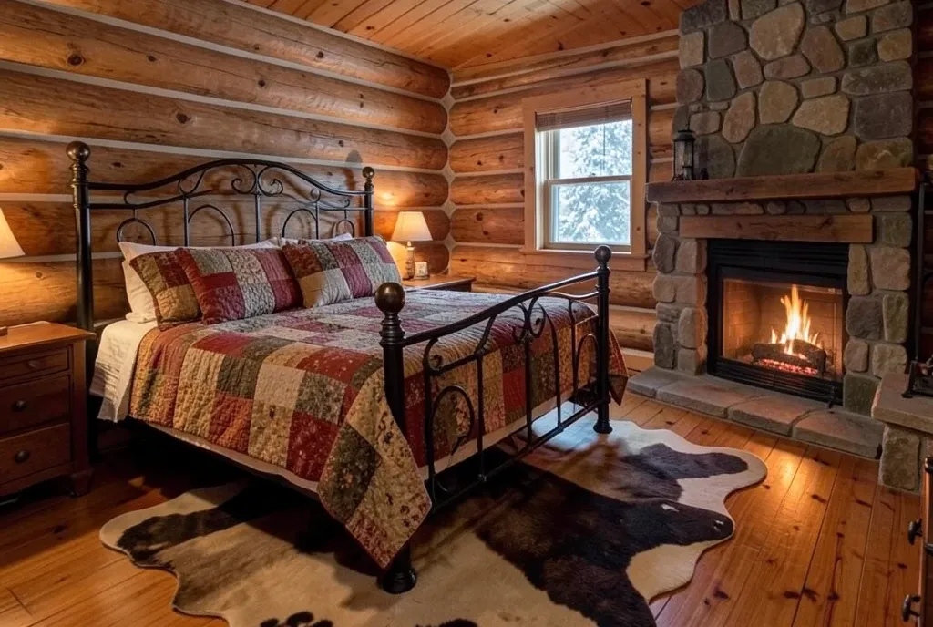 Cozy log cabin bedroom with patchwork quilt, stone fireplace, warm firelight, and snow outside the window