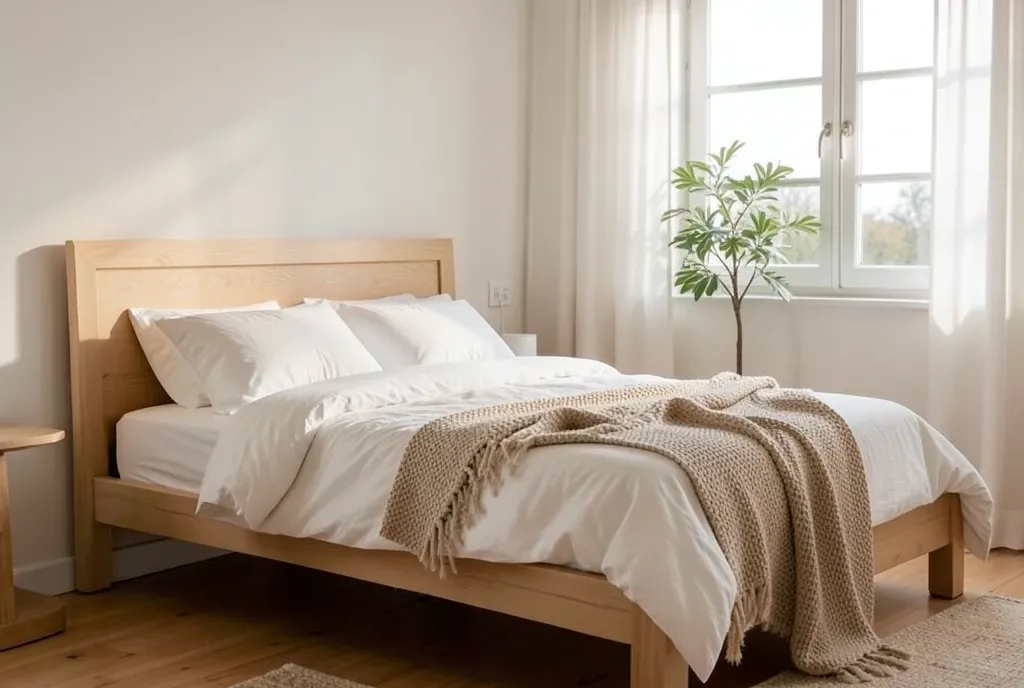 Cozy Scandinavian bedroom with oak bed frame, white linen, woven throw, and large window