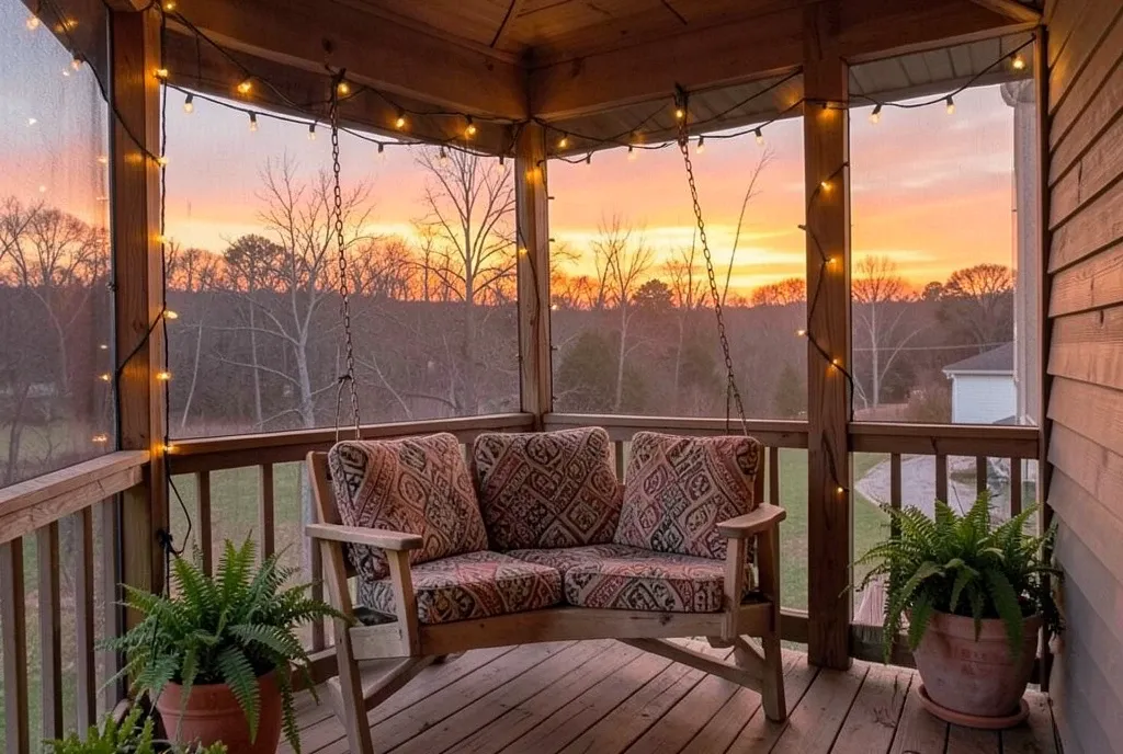 Cozy screened porch swing with cushions, ferns, string lights, and warm orange sunset through screens