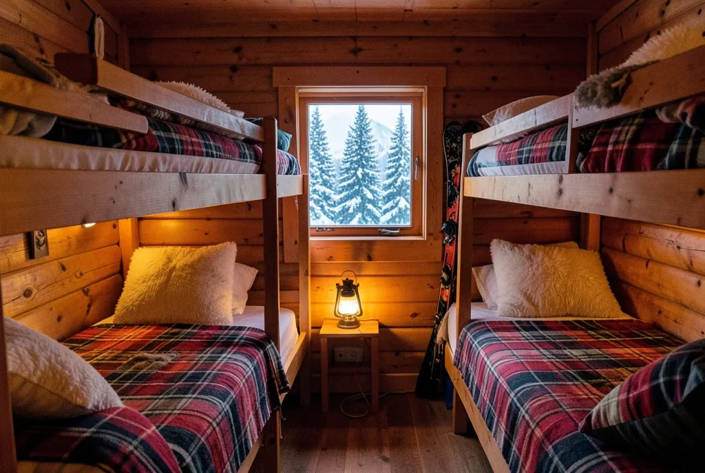 Cozy wooden bunk beds with plaid blankets, snowy pines through window, lantern glow, and skis in corner