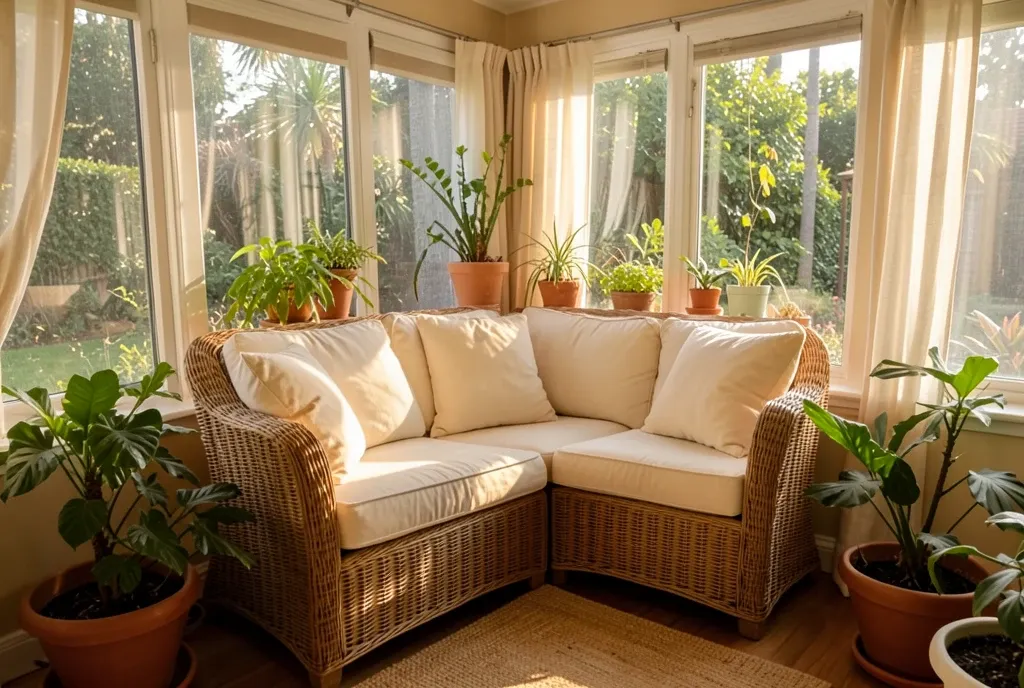 Cozy sunroom with wicker sofa, cream cushions, potted plants, large windows, and warm afternoon light