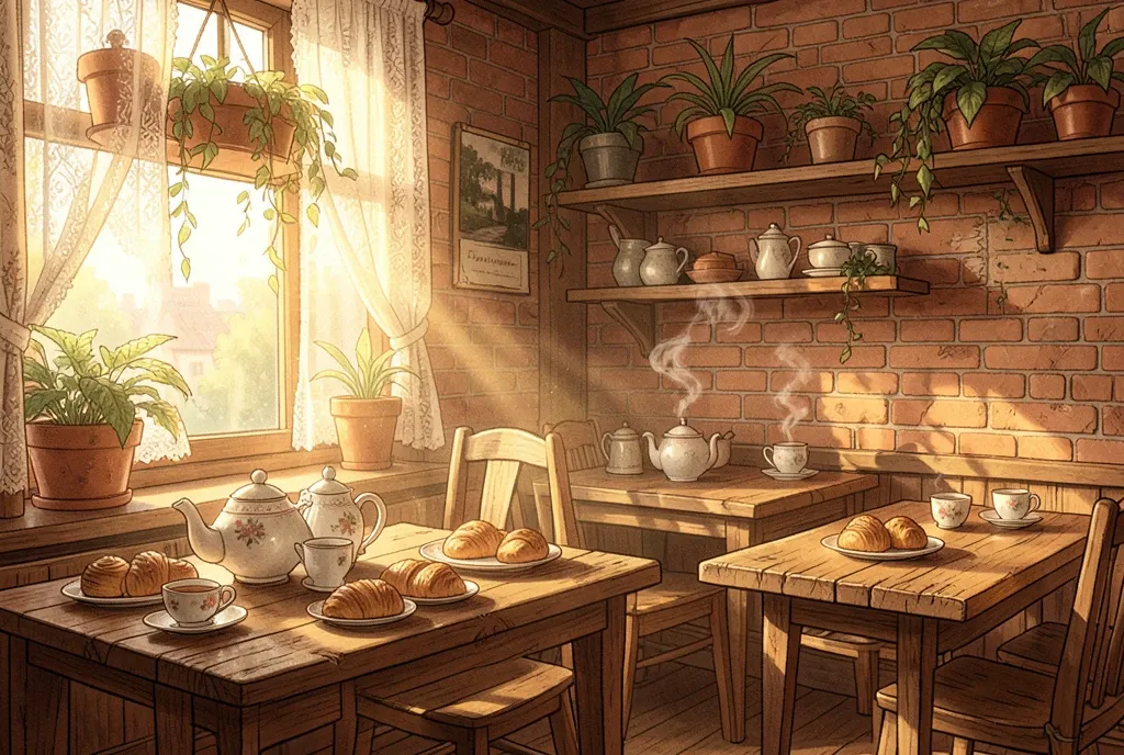 Cozy tea shop interior in warm afternoon light with wooden tables, teapots, pastries, and plants on shelves