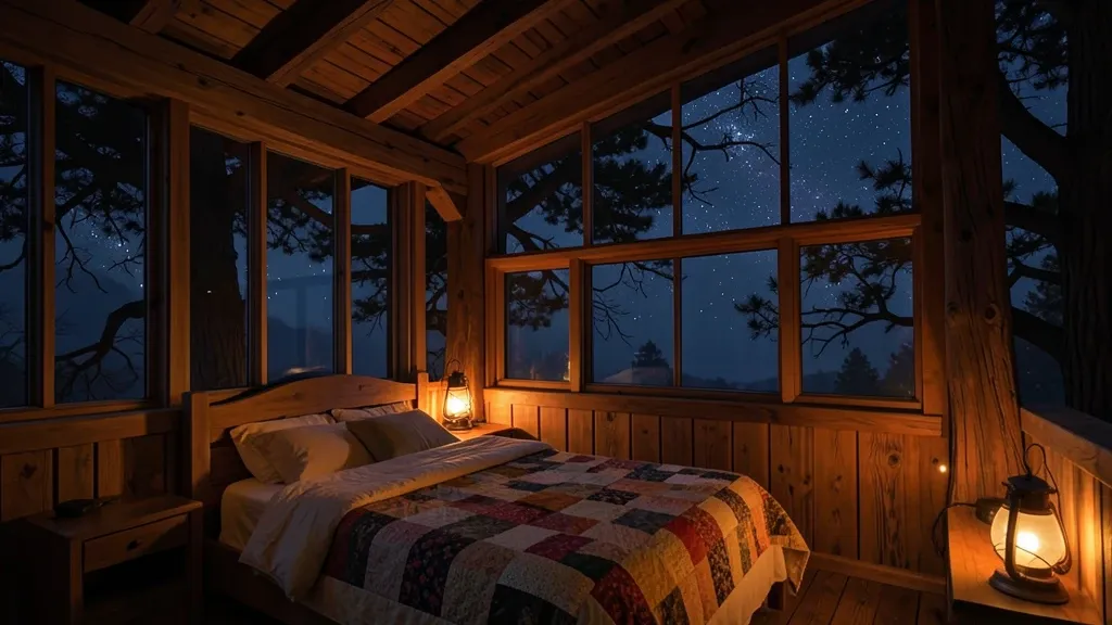 Cozy wooden treehouse bedroom at night with lantern light, patchwork quilt, and stars through branches