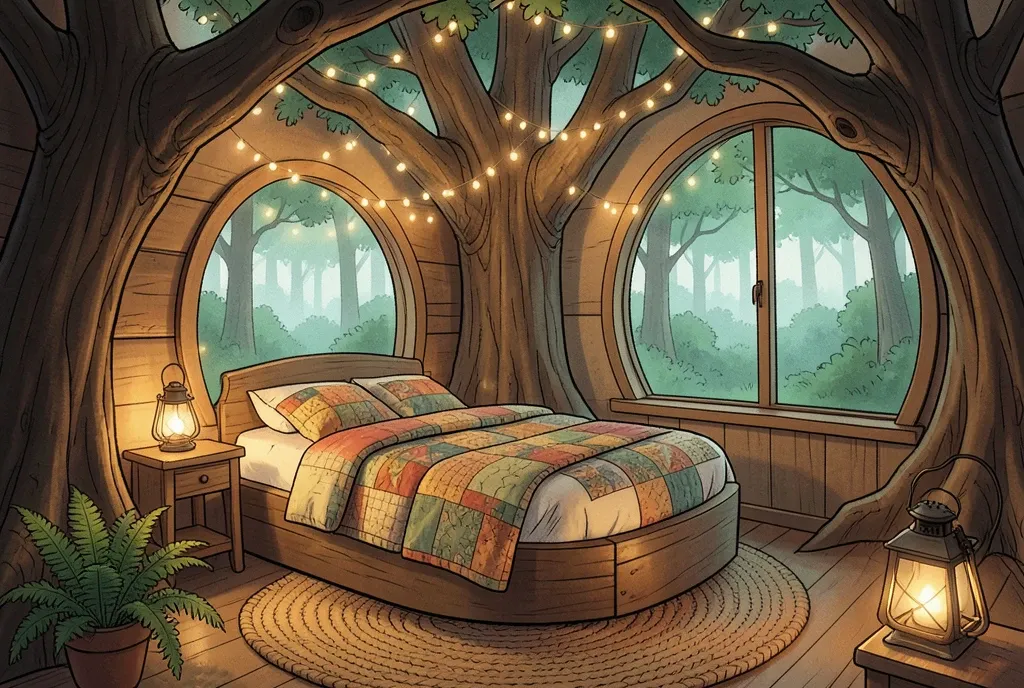 Storybook treehouse bedroom with a round quilted bed, arched windows over a misty forest, and warm lantern light
