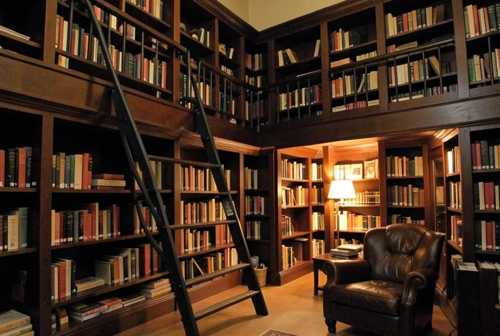 Cozy two-story library with floor-to-ceiling wood shelves, rolling ladder, leather armchair, and warm lamp