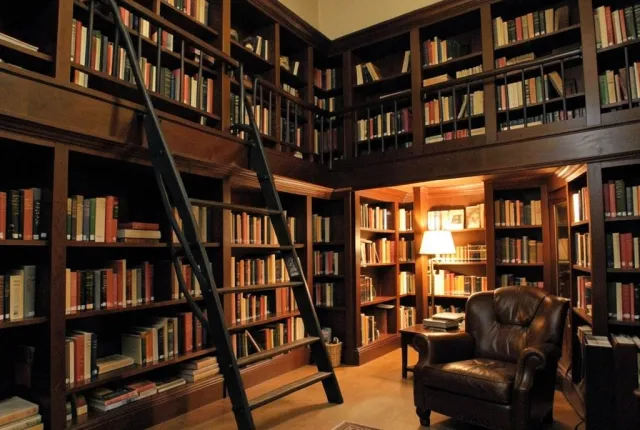 Cozy two-story library with floor-to-ceiling wood shelves, rolling ladder, leather armchair, and warm lamp