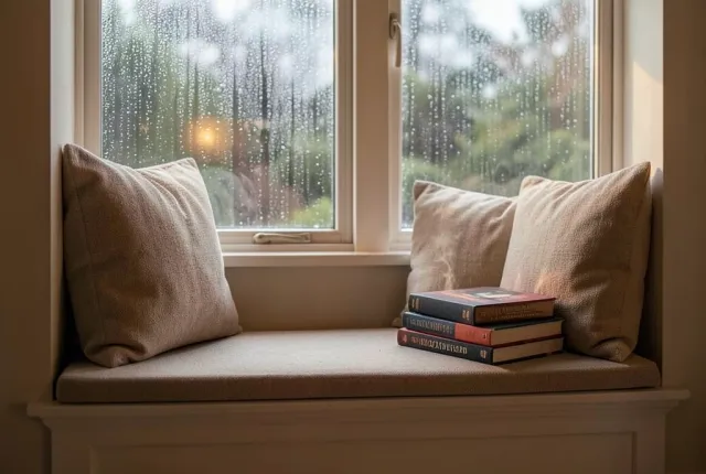 Built-in window bench with plush cushions, stack of hardcover books, steaming mug, and raindrops on glass