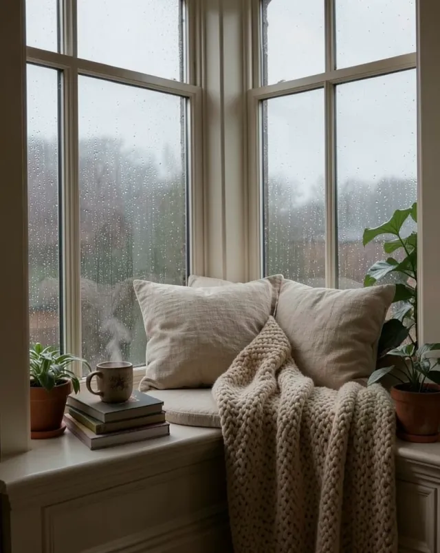 Cushioned window-seat reading nook with a knit throw, books and a steaming mug in soft grey rainy light