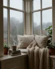 Cushioned window-seat reading nook with a knit throw, books and a steaming mug in soft grey rainy light